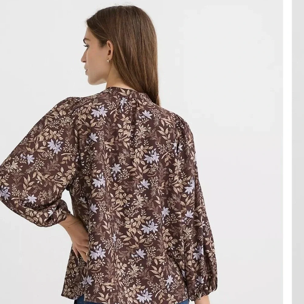 LOFT Brown Floral V-Neck Puff Sleeve Blouse Lavender Tan Print S 771323